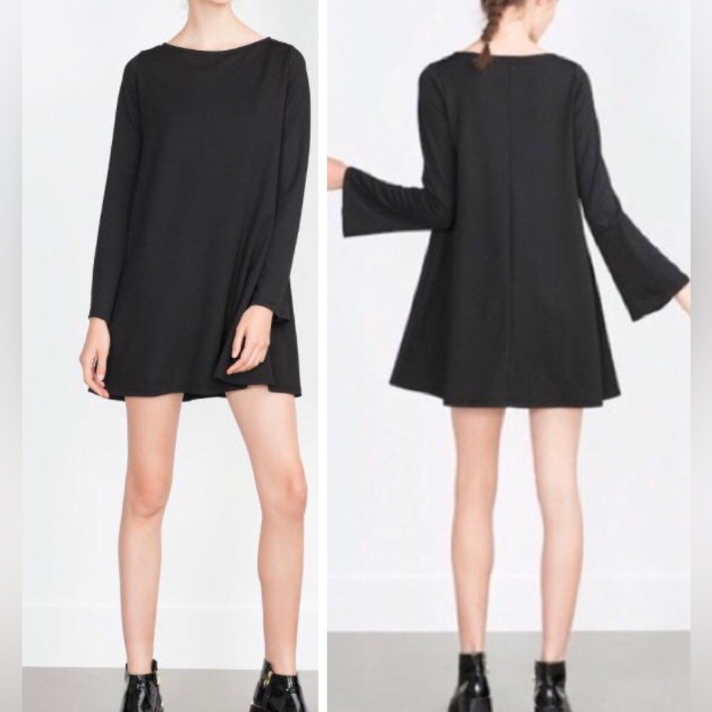 Zara Knit Womens Dress Small Solid Black Bell Sleeves Boatneck Office Party